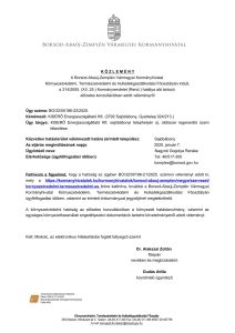 K Ö Z L E M É N Y A Borsod-Abaúj-Zemplén Vármegyei Kormányhivatal Környezetvédelmi, Természetvédelmi és Hulladékgazdálkodási Főosztályán indult, a 314/2005. (XII. 25.) Kormányrendelet (Rend.) hatálya alá tartozó előzetes konzultációban adott véleményről Ügy száma: BO/32/00186-22/2025. Kérelmező: KISERŐ Energiaszolgáltató Kft. (3792 Sajóbábony, Gyártelep 024/213.) Ügy tárgya: KISERŐ Energiaszolgáltató Kft. sajóbábonyi telephelyén új, oldószer regeneráló üzem létesítése Közvetlen hatásterület vélelmezett határa (érintett település): Sajóbábony Az eljárás megindításának napja: 2025. január 7. Ügyintéző neve: Nagyné Gogolya Renáta Elérhetősége (ügyfélfogadási időben) Tel: 46/517-300 komplex@borsod.gov.hu Felhívom a figyelmet, hogy a hatóság az ügyben BO/32/00186-21/2025. számon véleményt adott ki, mely a https://kormanyhivatalok.hu/kormanyhivatalok/borsod-abauj-zemplen/megye/szervezet/ kornyezetvedelmi-termeszetvedelmi-es linkre kattintva, továbbá a Borsod-Abaúj-Zemplén Vármegyei Kormányhivatal Környezetvédelmi, Természetvédelmi és Hulladékgazdálkodási Főosztályán ügyfélfogadási időben, valamint az érintett önkormányzat jegyzőjénél megtekinthető. A környezetvédelmi hatóság az előzetes konzultációban a környezeti hatástanulmány, valamint az egységes környezethasználati engedélyezési dokumentáció tartalmi követelményeiről adott véleményt. Kelt: Miskolc, az elektronikus hitelesítésbe foglalt bélyegző szerint Dr. Alakszai Zoltán főispán nevében és megbízásából: Dudás Attila koordináló ügyintéző