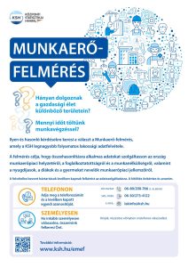 Munkaerő felmérés Hányan dolgoznak a gazdasági élet különböző területein? Mennyi időt töltünk munkavégzéssel? Ilyen és hasonló kérdésekre keresi a választ a Munkaerő-felmérés, amely a KSH legnagyobb folyamatos lakossági adatfelvétele. A felmérés célja, hogy összehasonlításra alkalmas adatokat szolgáltasson az ország munkaerőpiaci helyzetéről, a foglalkoztatottságról és a munkanélküliségről, valamint a nyugdíjasok, a diákok és a gyermeket nevelők munkaerőpiaci jellemzőiről. A felvételbe bevont háztartások levélben kapnak felkérést az adatszolgáltatásra. A kitöltés önkéntes és anonim. 06-80/200-766 (3. ALMENÜ) 06-30/273-4122 lakinfo@ksh.hu További információ: www.ksh.hu/emef 